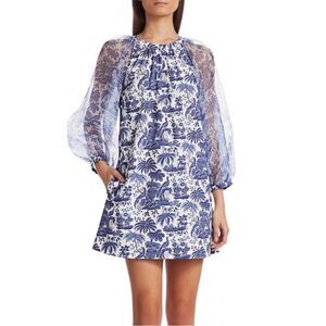 STAUD Garden Shift Dress Blue Toile Chinoiserie Women’s Size Small Sheer Sleeve
